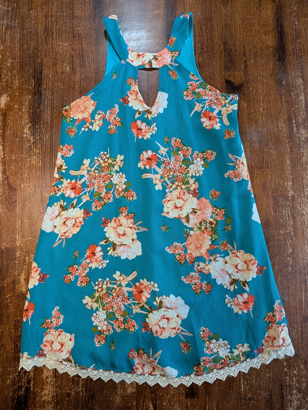 Jodi Kristopher Floral Sleeveless Dress Womens Small Teal Lace Trim Boho Flowy